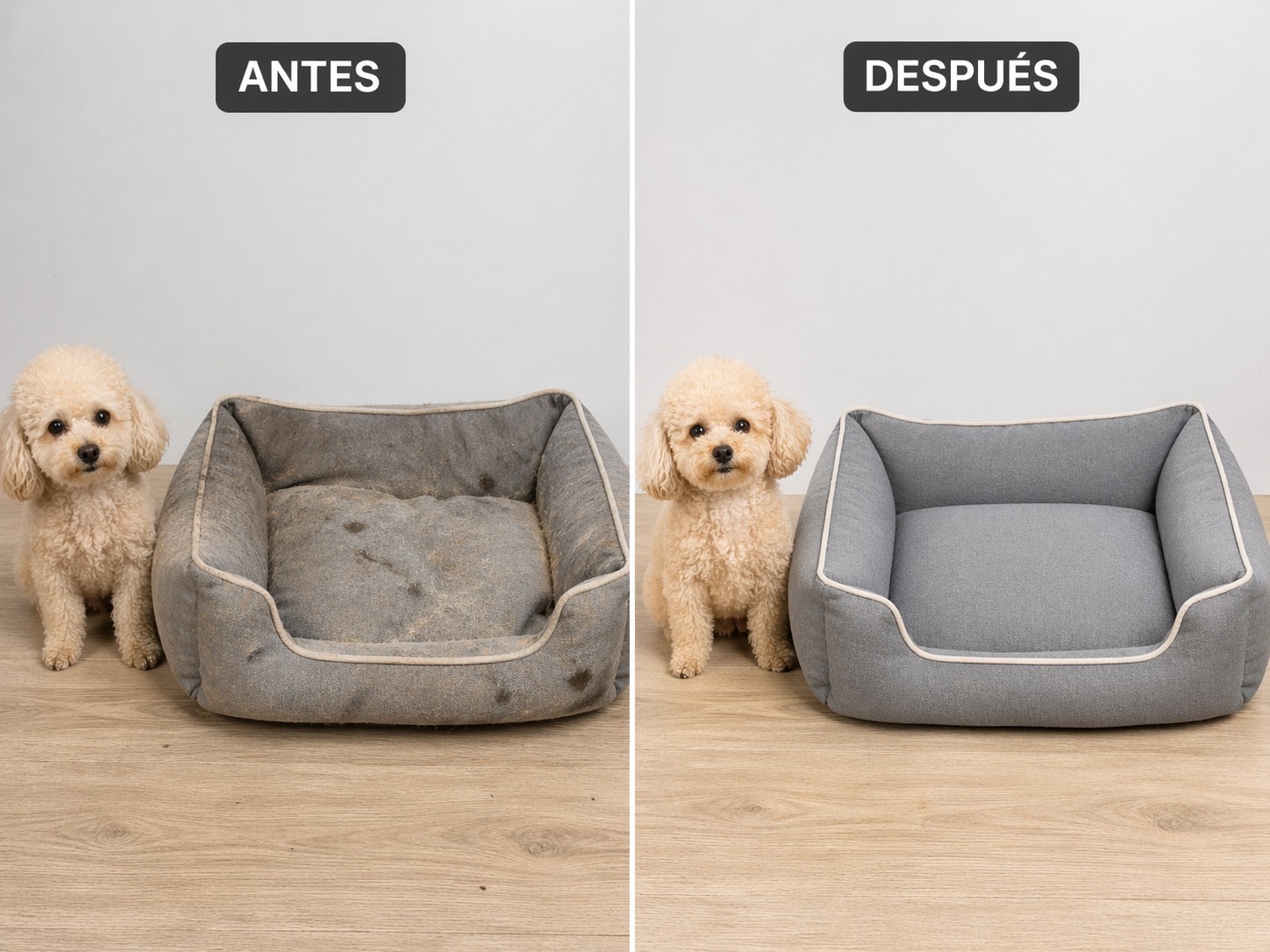 Antes y después de cama chica para mascota