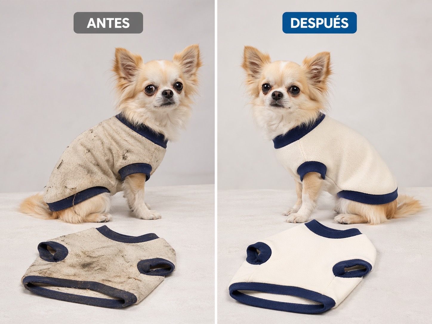Antes y después de ropa chica XS para mascota
