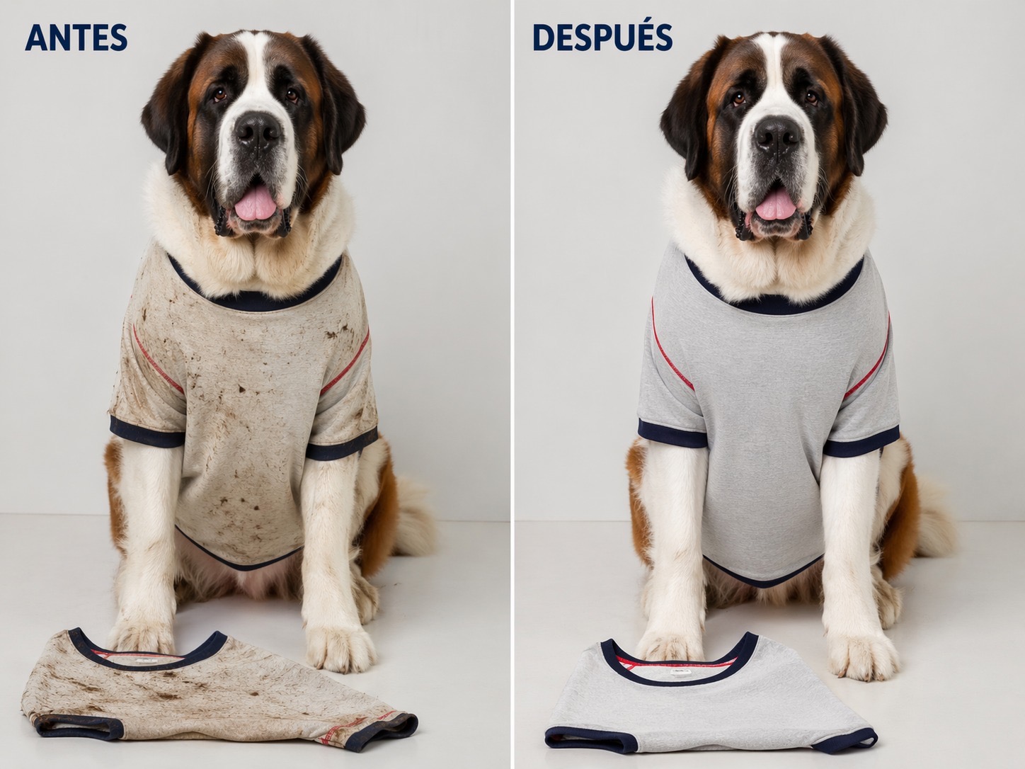 Antes y después de ropa grande para perro